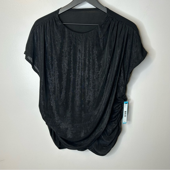 Alice + Olivia Black Shimmery Short Sleeve Draped Ruched Top Size Xs Nwt